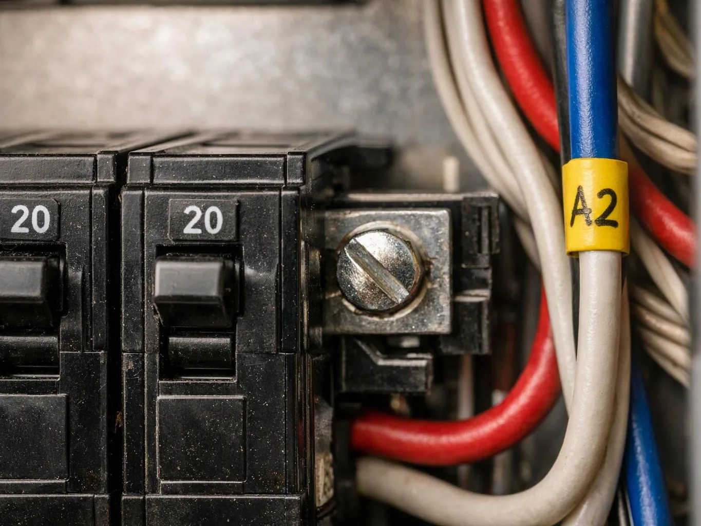 Close-up of two black circuit breakers with 20 labels beside red, blue, and white wires in a panel