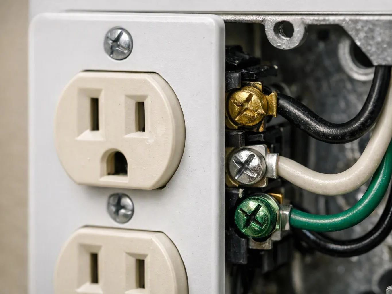 Close-up of a wall outlet with exposed electrical wiring and colored screw terminals inside a metal box