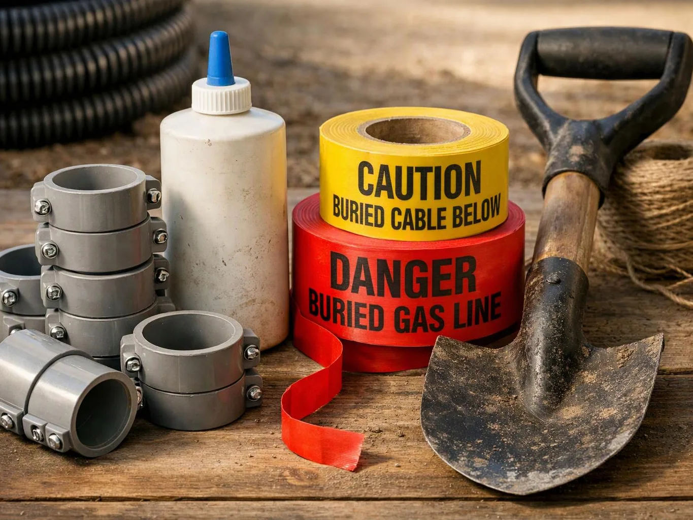 Construction tools, cable clamps, and warning tape sit on a wooden surface beside a shovel