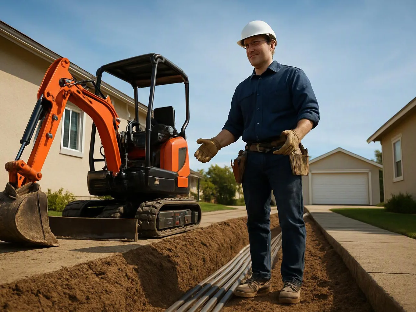 A construction worker stands in a trench beside an orange mini excavator on a suburban street