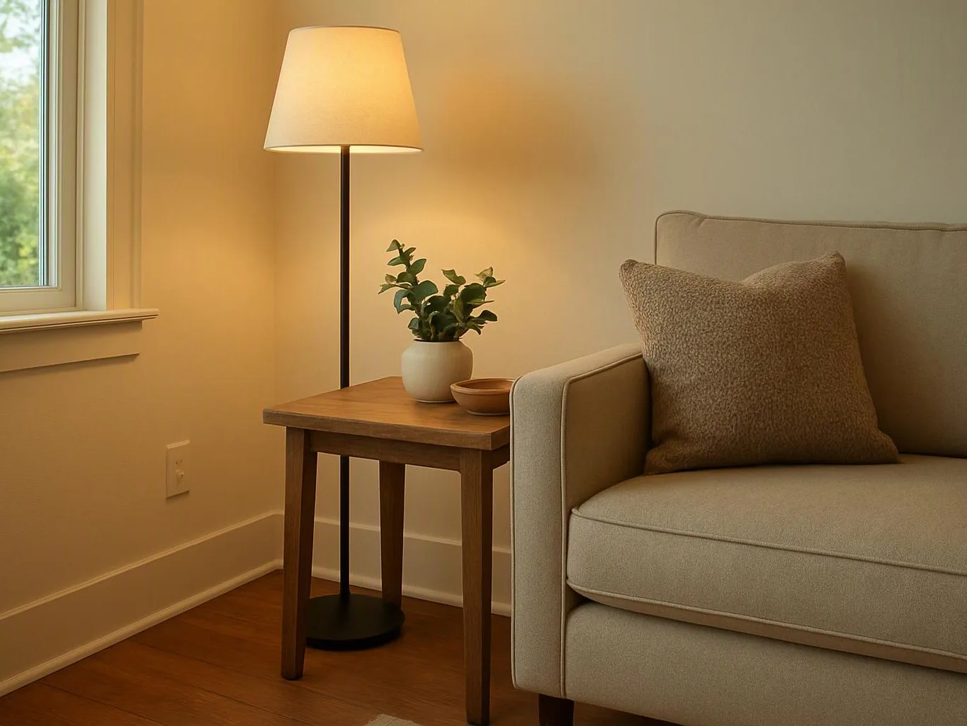 A cozy living room corner shows a beige sofa, wooden side table, lamp, and potted plant by a window