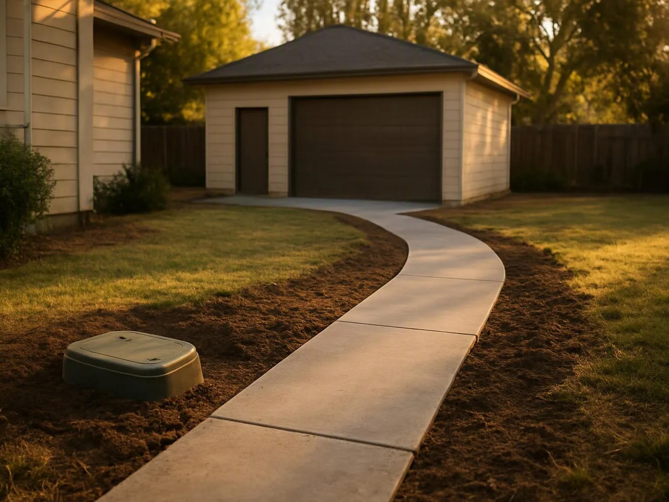 A curved concrete walkway leads past a garage and lawn to a small outbuilding in warm evening light