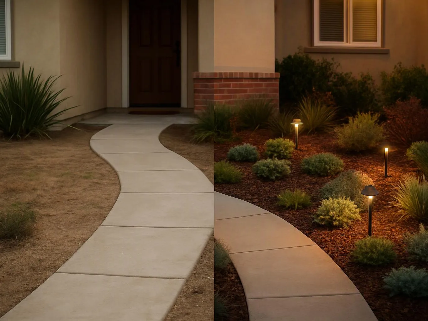 A curved front walkway leads to a house entrance, then beside lit garden plants at dusk