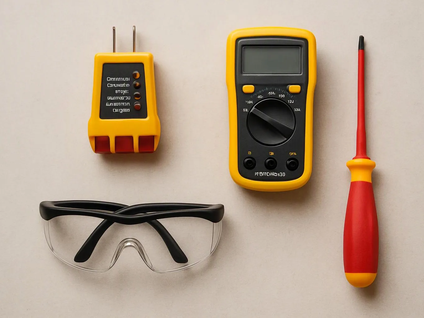 A digital multimeter, plug adapter, safety glasses, and red screwdriver lie neatly on a light background