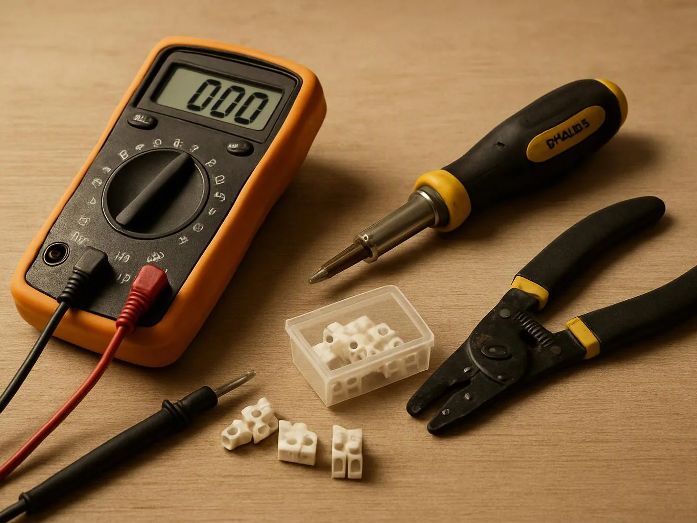 A digital multimeter, soldering iron, wire stripper, and small terminal blocks sit on a wooden surface