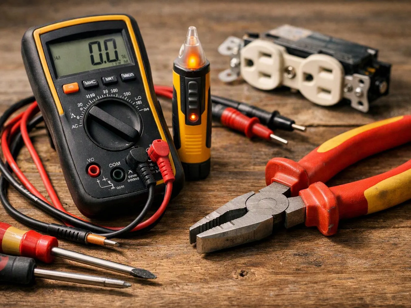 A digital multimeter, test probes, pliers, and an electrical outlet tester sit on a wooden workbench