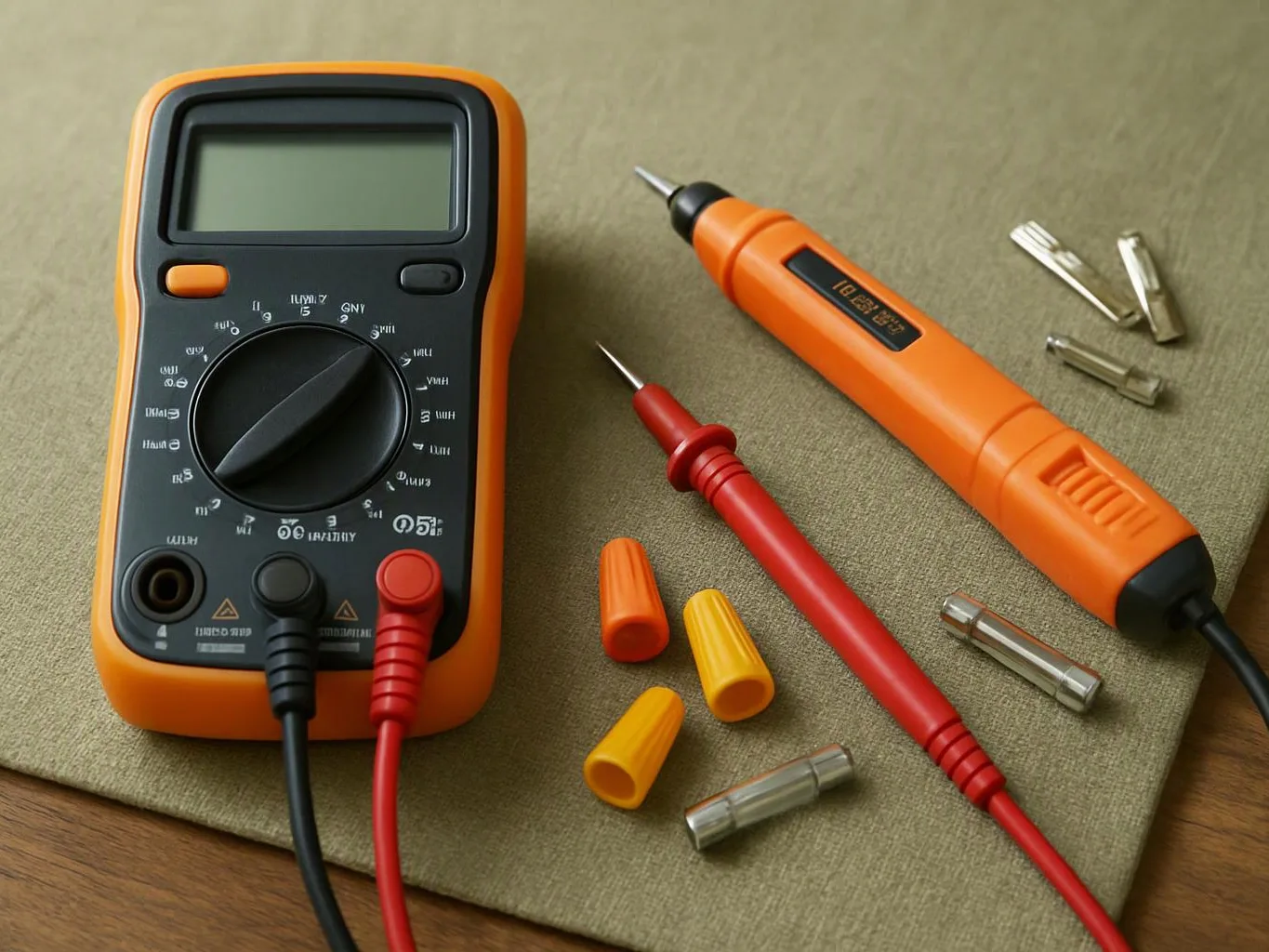 A digital multimeter, test probes, and spare tips lie on a fabric-covered table
