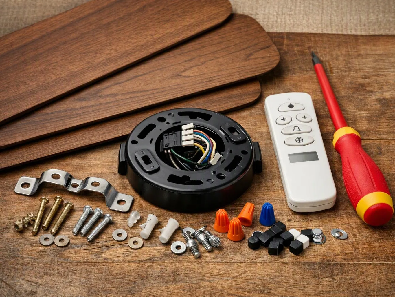 Disassembled ceiling fan parts, a remote, screwdriver, screws, wire nuts, and wooden blades lie on a table