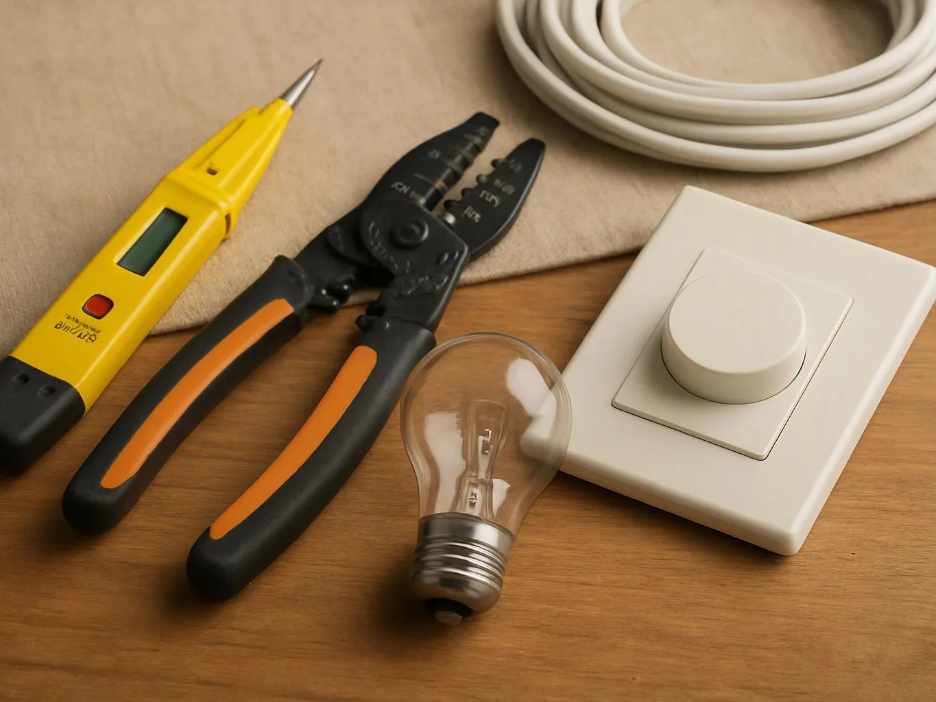 Electric tools and parts lie on a wooden surface, including a tester, wire stripper, bulb, dimmer switch, and coiled cable