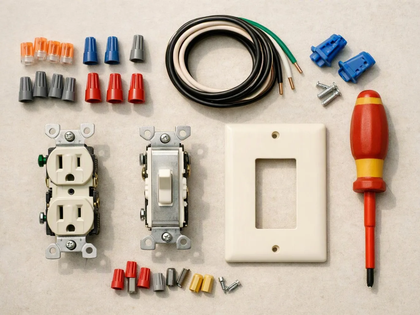 Electrical outlet and switch parts laid out on a tabletop with wires, connectors, screws, a wall plate, and a screwdriver