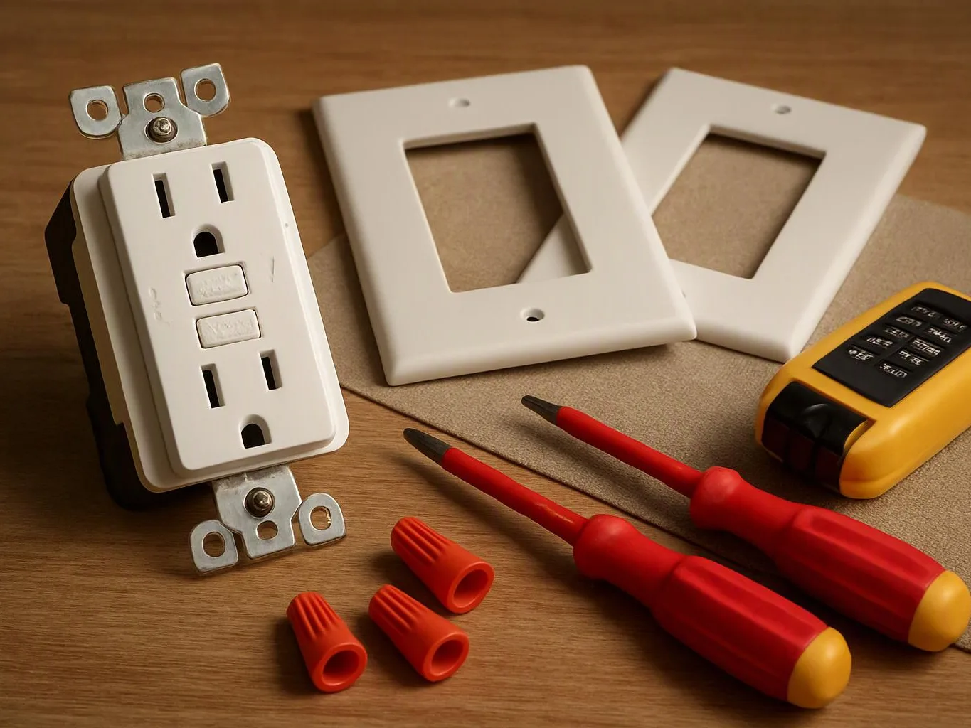 An electrical outlet, wall plates, screwdrivers, wire connectors, and a voltage tester sit on a wooden surface