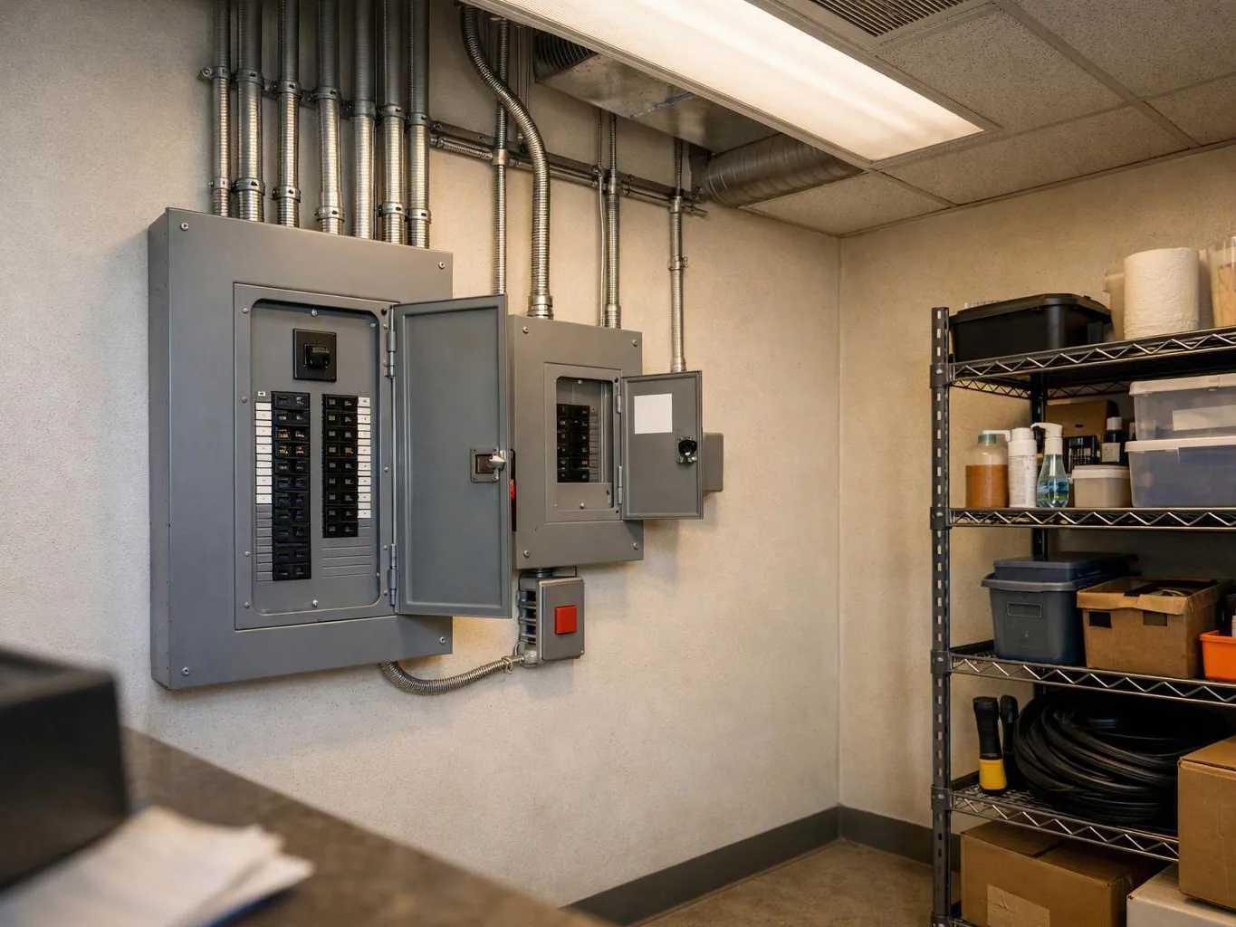 An electrical room shows open breaker panels, exposed conduit, and storage shelves with supplies