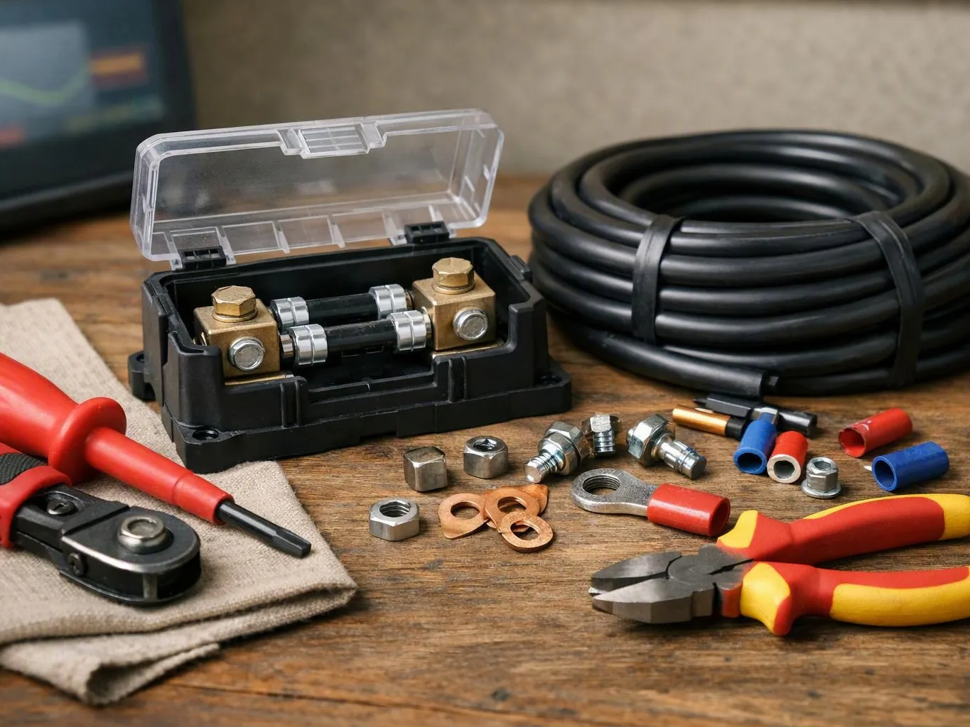Electrical tools and connectors are arranged on a wooden table beside a coiled black cable and open fuse holder