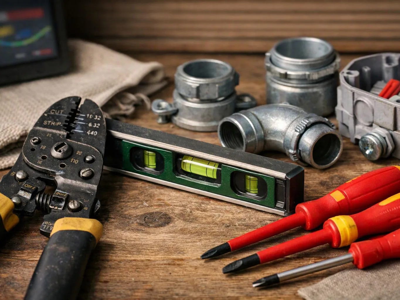 Electrical tools and metal conduit fittings rest on a worn wooden workbench, with a level and screwdrivers in front
