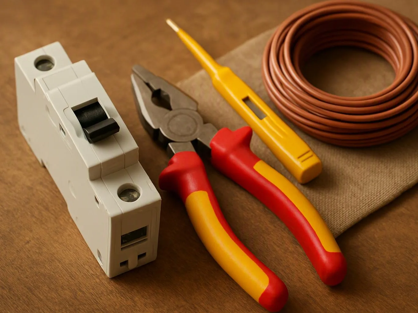 Electrical tools and parts lie on a wooden surface beside a coiled copper wire