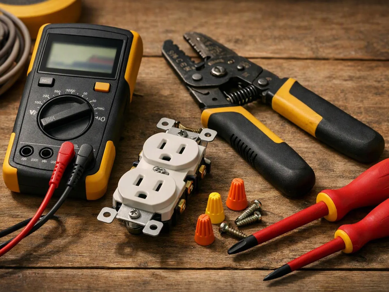 Electrical tools and parts sit on a wooden workbench, including a multimeter, wire stripper, outlet, screwdrivers, wire nuts