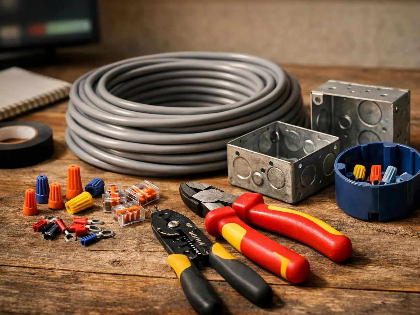 Electrical tools, wire, connectors, and metal junction boxes are spread across a wooden workbench
