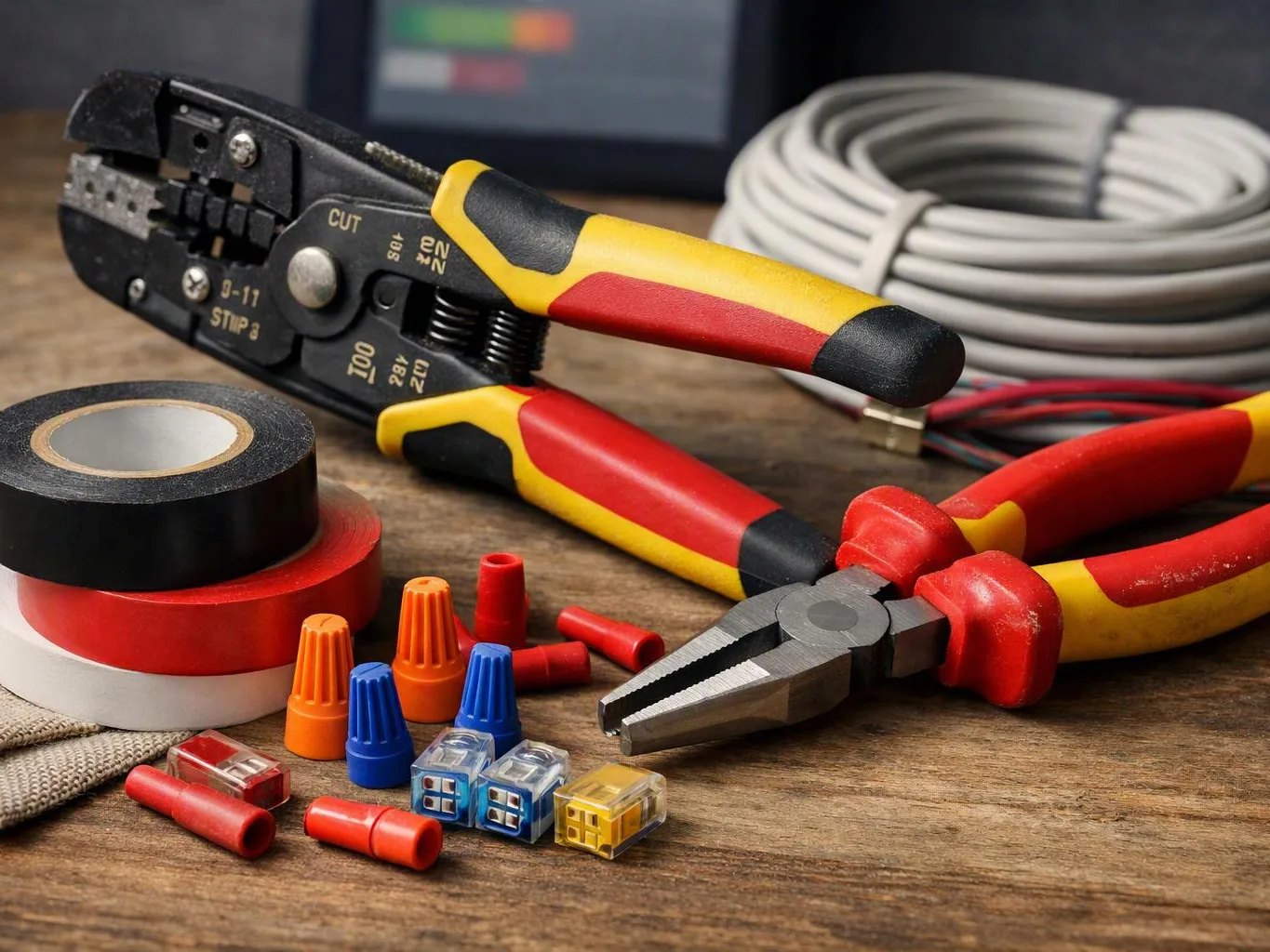 Electrical tools and wire connectors rest on a wooden table, with rolls of tape and coiled cable nearby