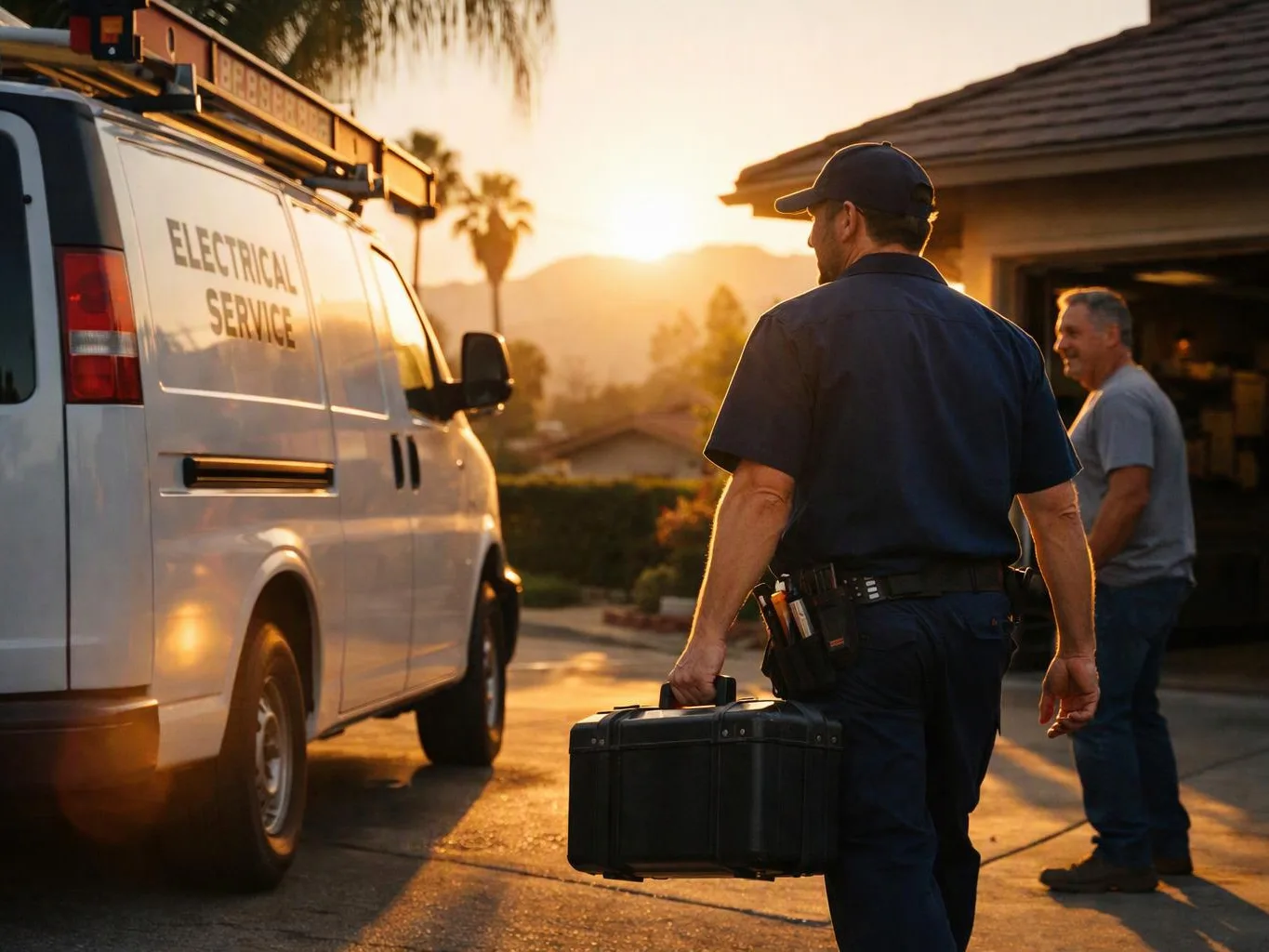 An electrician carries a toolbox toward a white service van outside a house at sunset