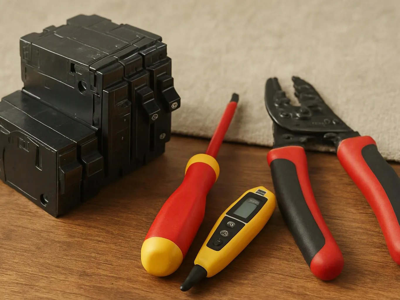 Electrician tools and a black battery pack lie on a wooden table beside a beige fabric surface