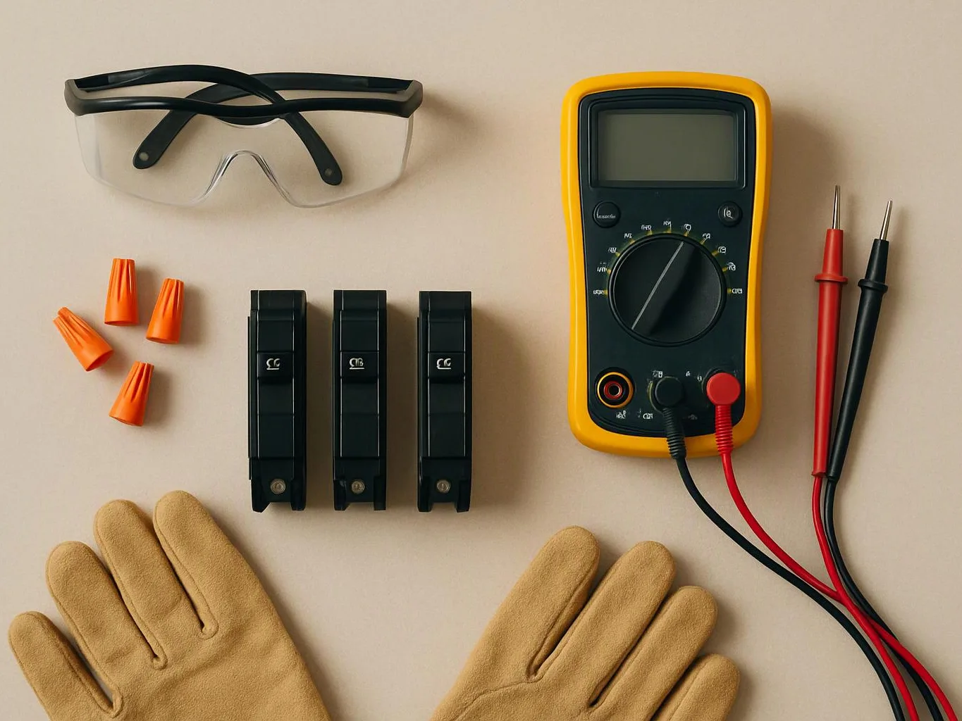 A flat lay shows safety goggles, earplugs, gloves, a multimeter, test leads, and black tool parts on a beige surface