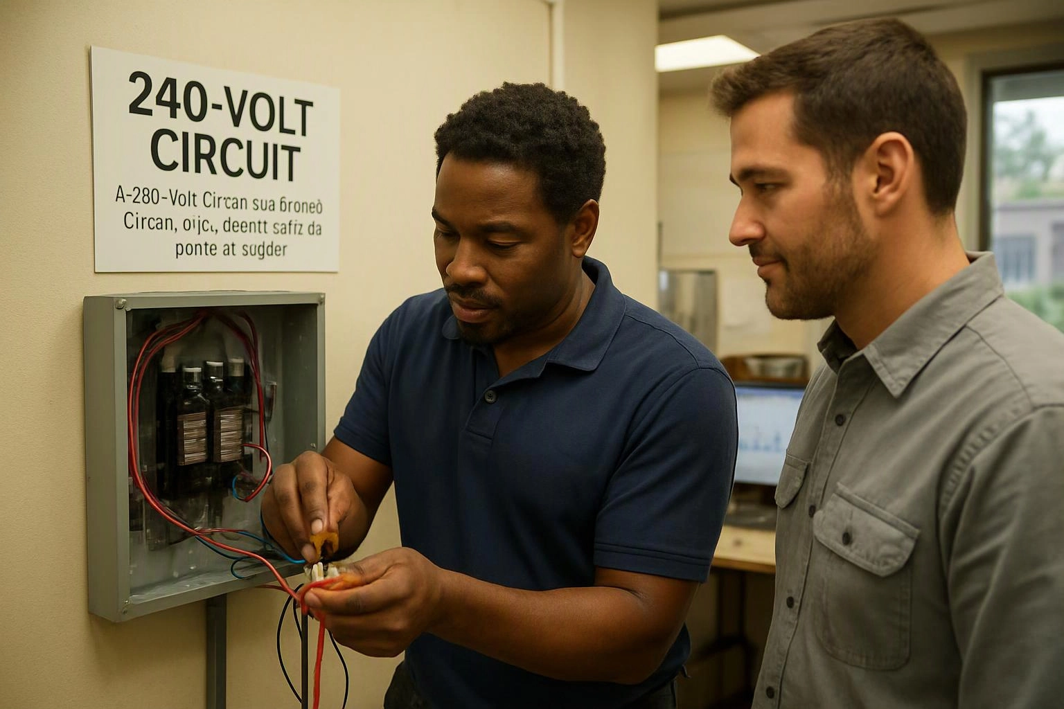 Two men inspect an open 240-volt circuit box while one uses pliers on red and blue wires indoors
