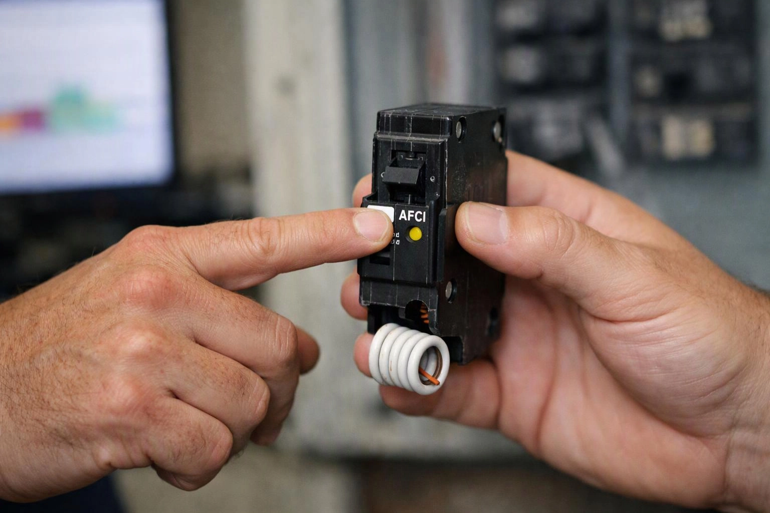 Two hands hold a black circuit breaker while one finger points at the AFCI label and button