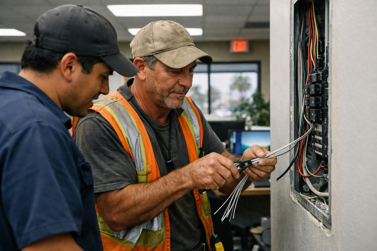 Two workers in caps and safety vests splice wires inside an open electrical panel indoors