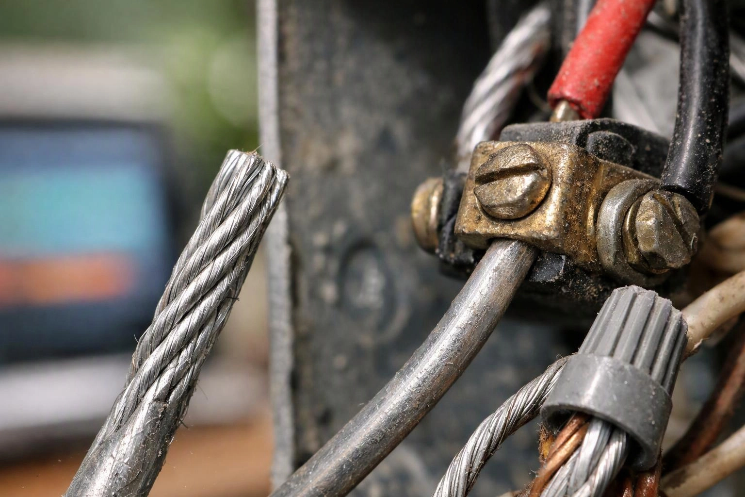 Close-up of tangled electrical wires and a corroded metal connector on a weathered machine panel