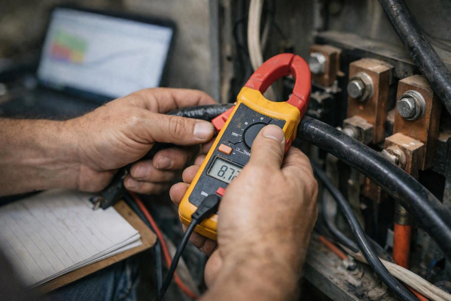 Hands use a yellow clamp meter to test thick electrical cables beside bolts and wiring, with a notebook nearby