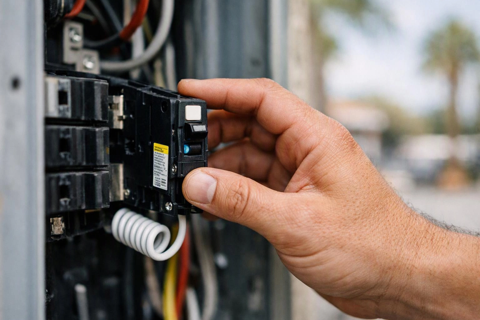 A hand adjusts a circuit breaker inside an open electrical panel outdoors