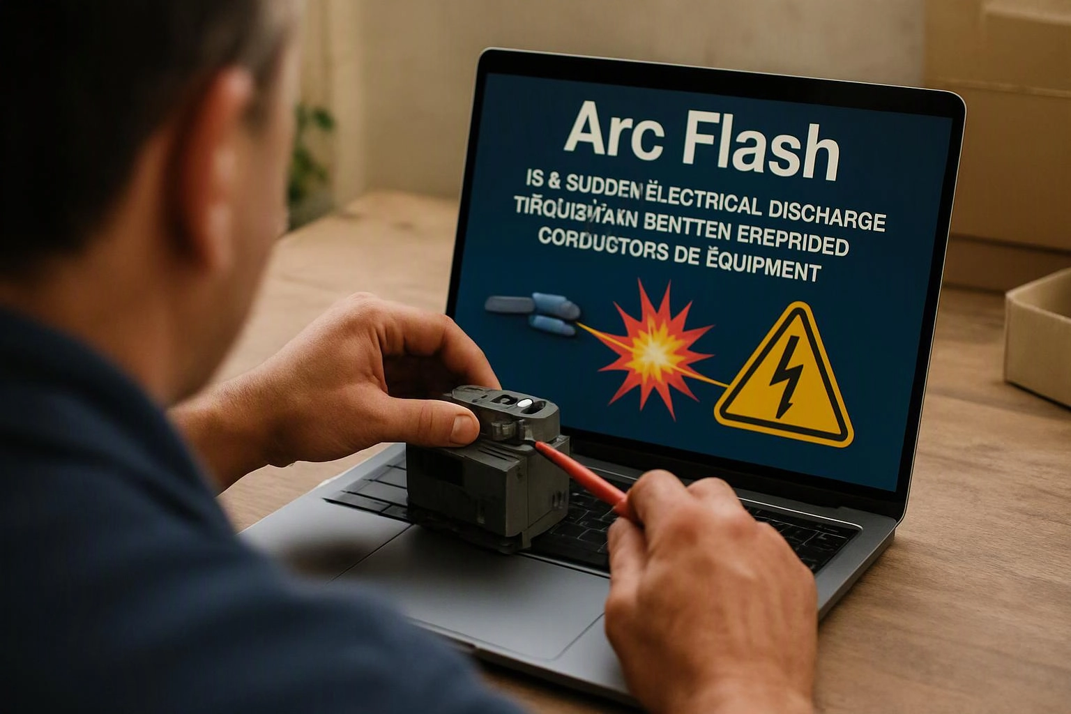A person works on an electrical part beside a laptop showing an arc flash warning graphic
