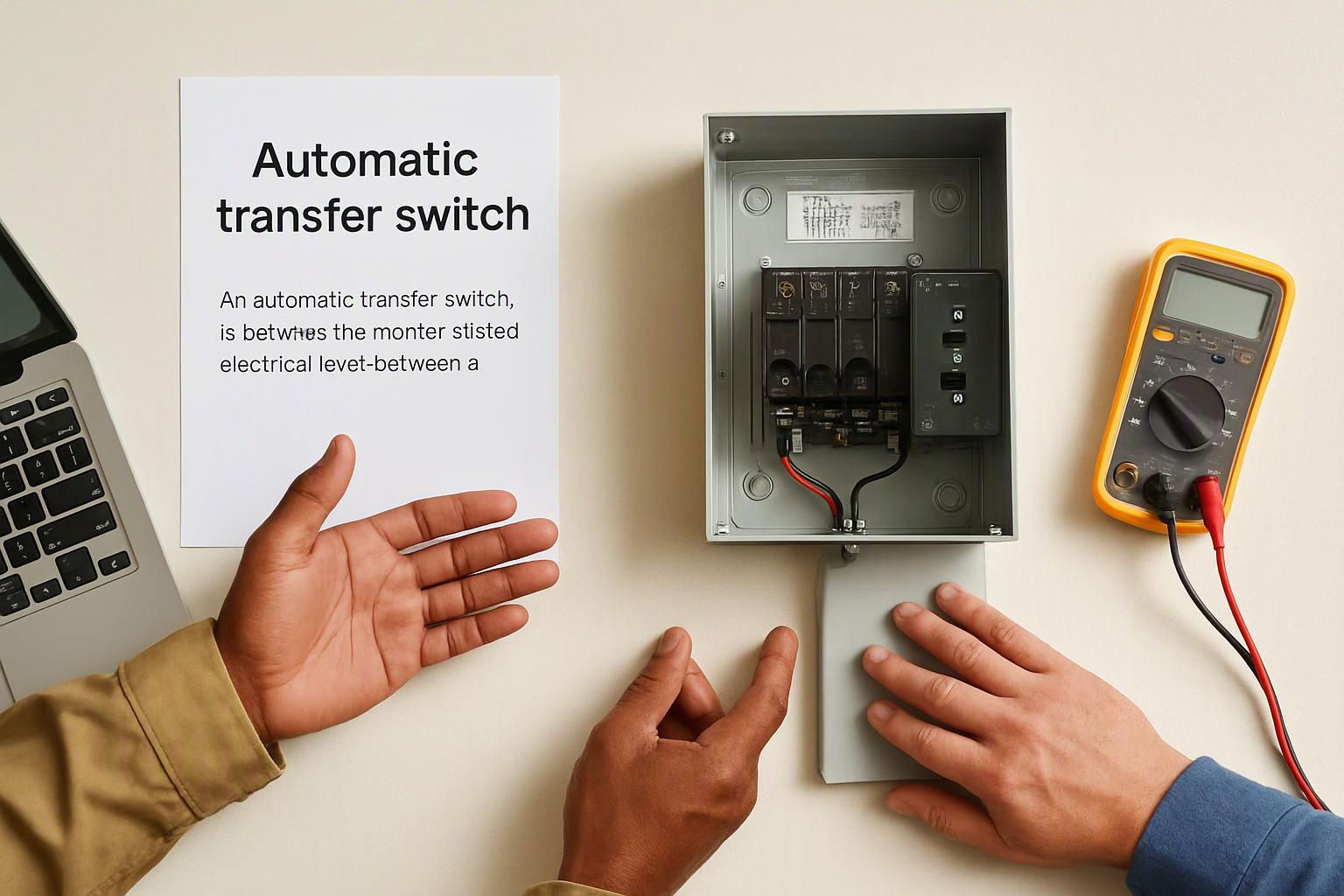 Hands inspect an open electrical panel beside a paper titled “Automatic transfer switch” and a multimeter on a desk