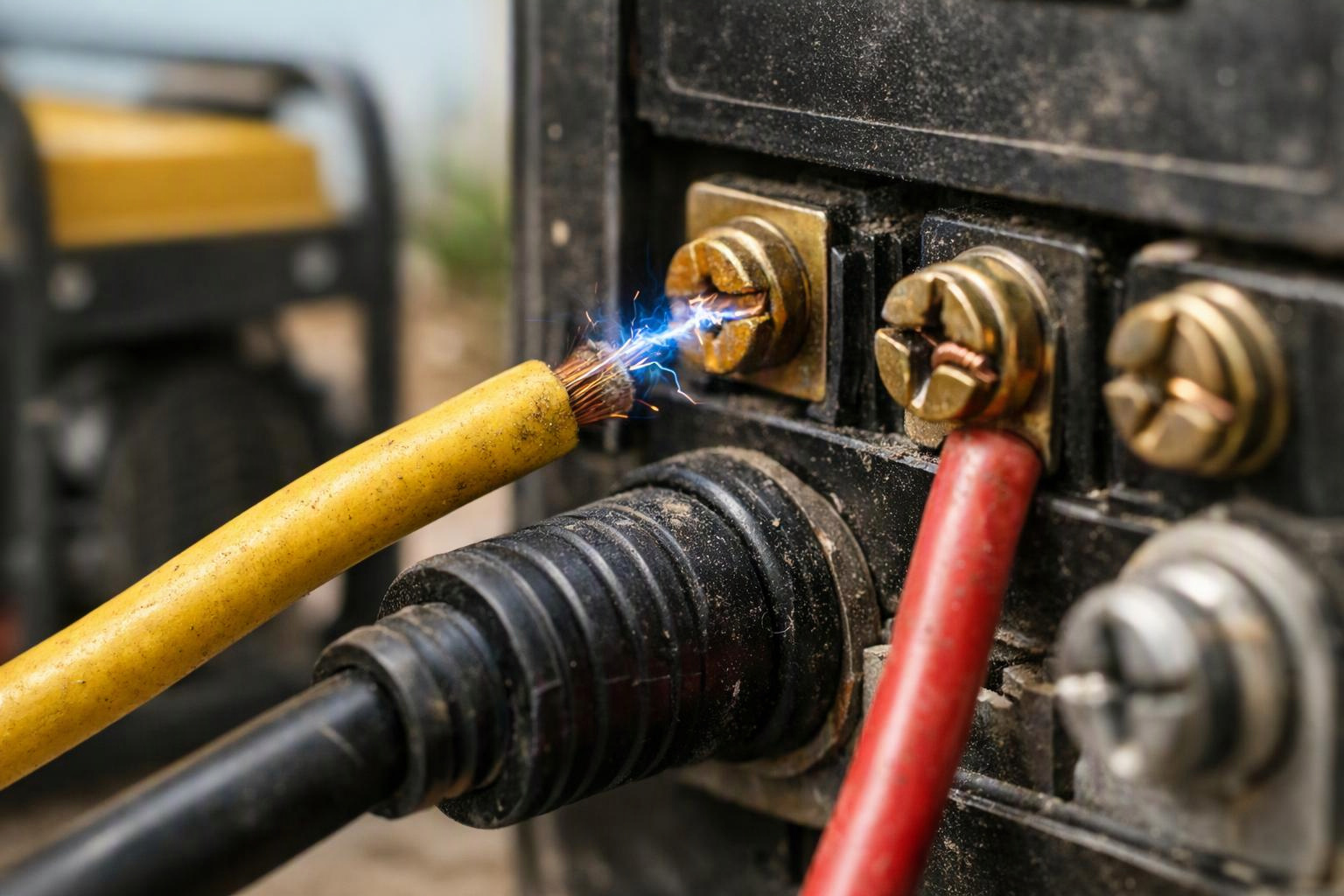 A yellow wire sparks while touching a brass terminal on a dusty electrical panel outdoors