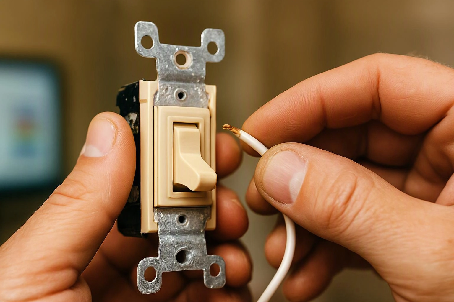 Hands hold a beige light switch and a stripped white wire against a blurred indoor background