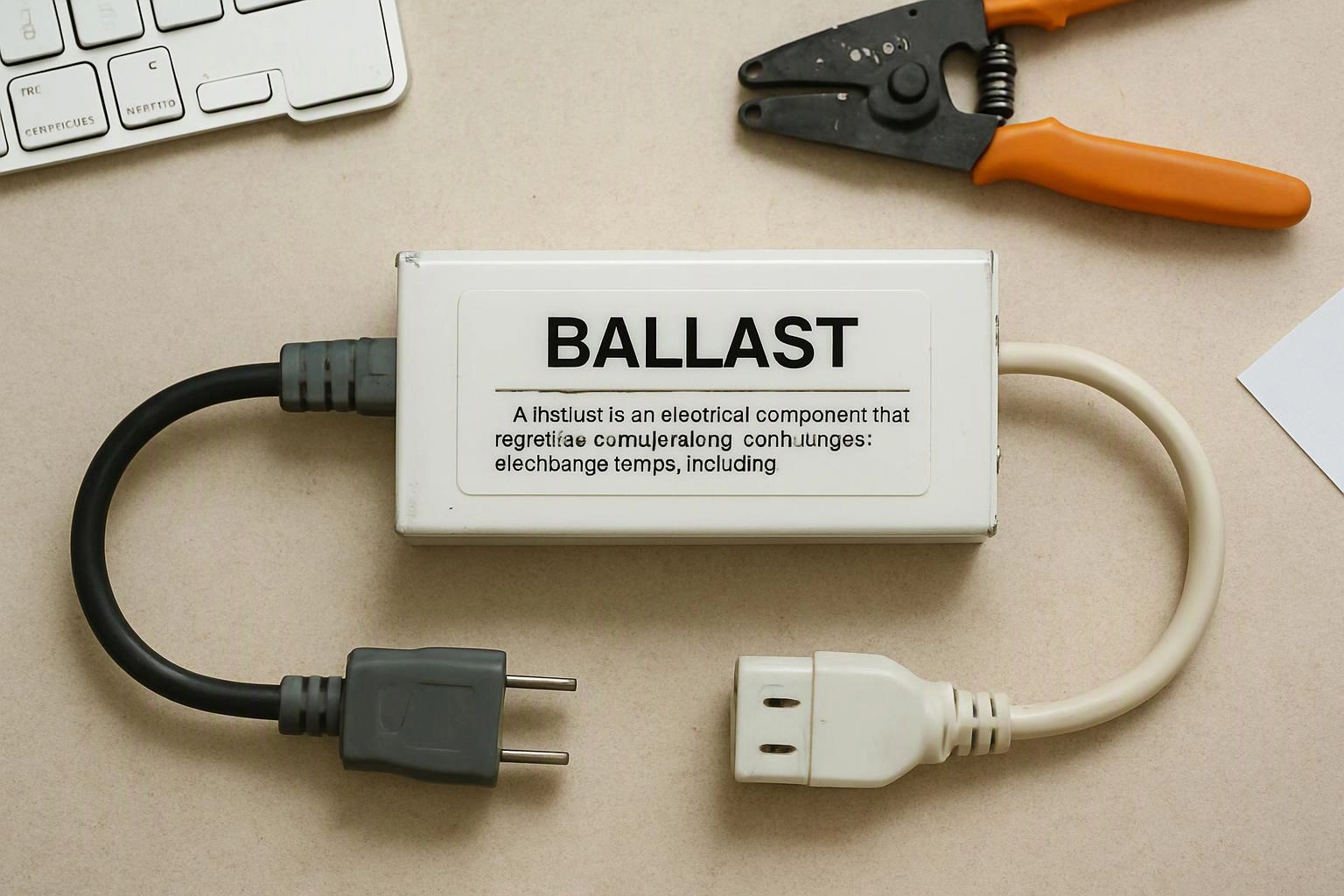 An electrical ballast box sits on a beige desk with attached power cords, plug ends, and wire stripper tools nearby