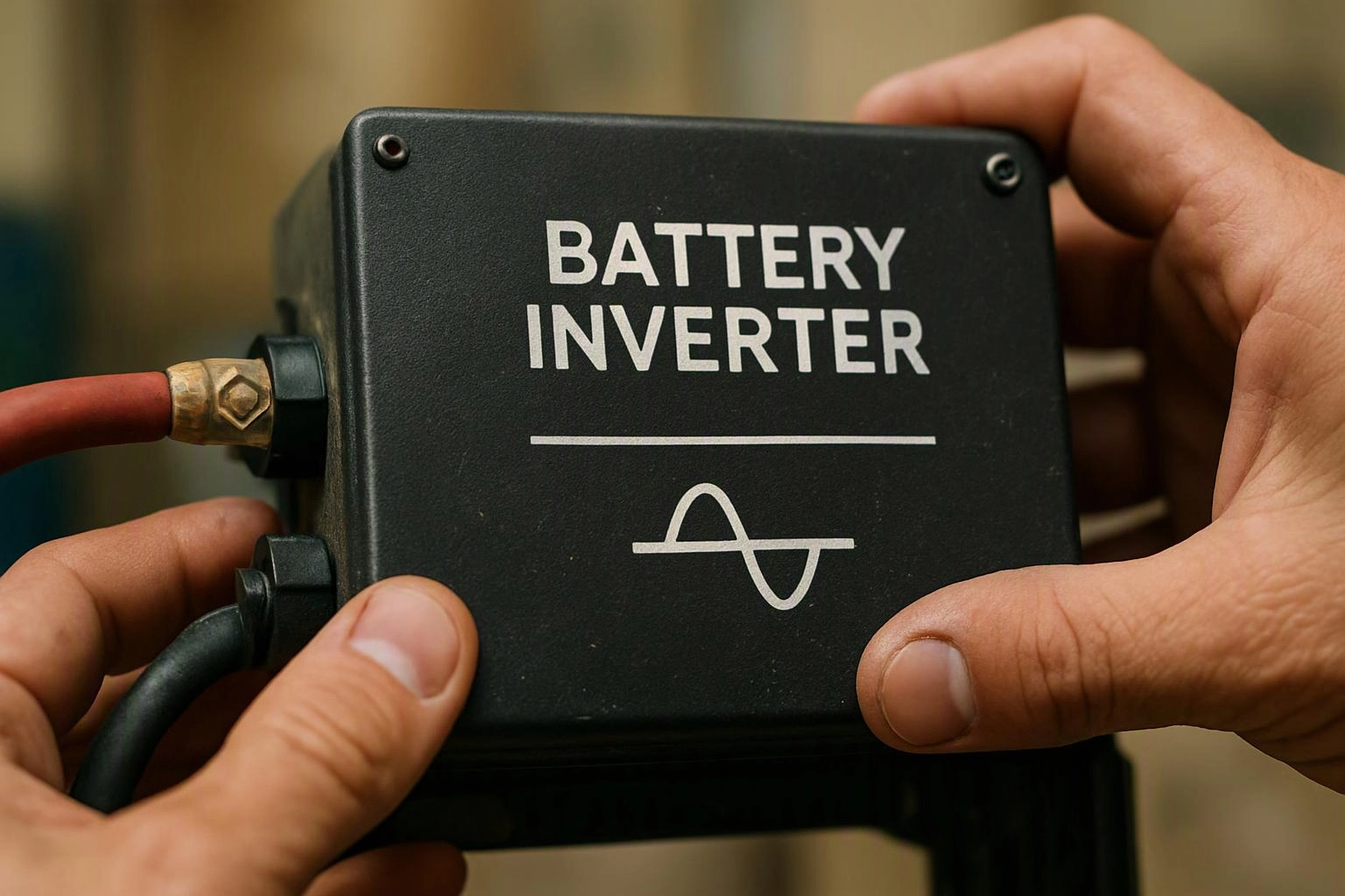 Hands hold a black battery inverter with cables attached against a blurred indoor background