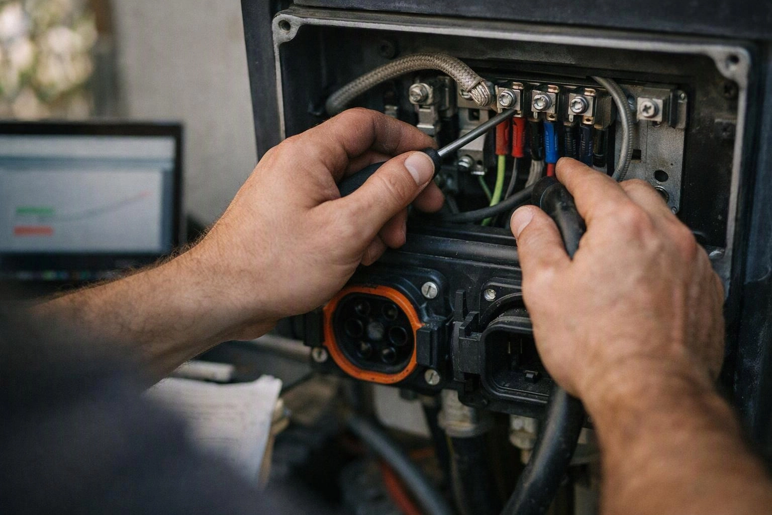 Hands use screwdrivers to wire an open electrical panel with colored cables and connectors