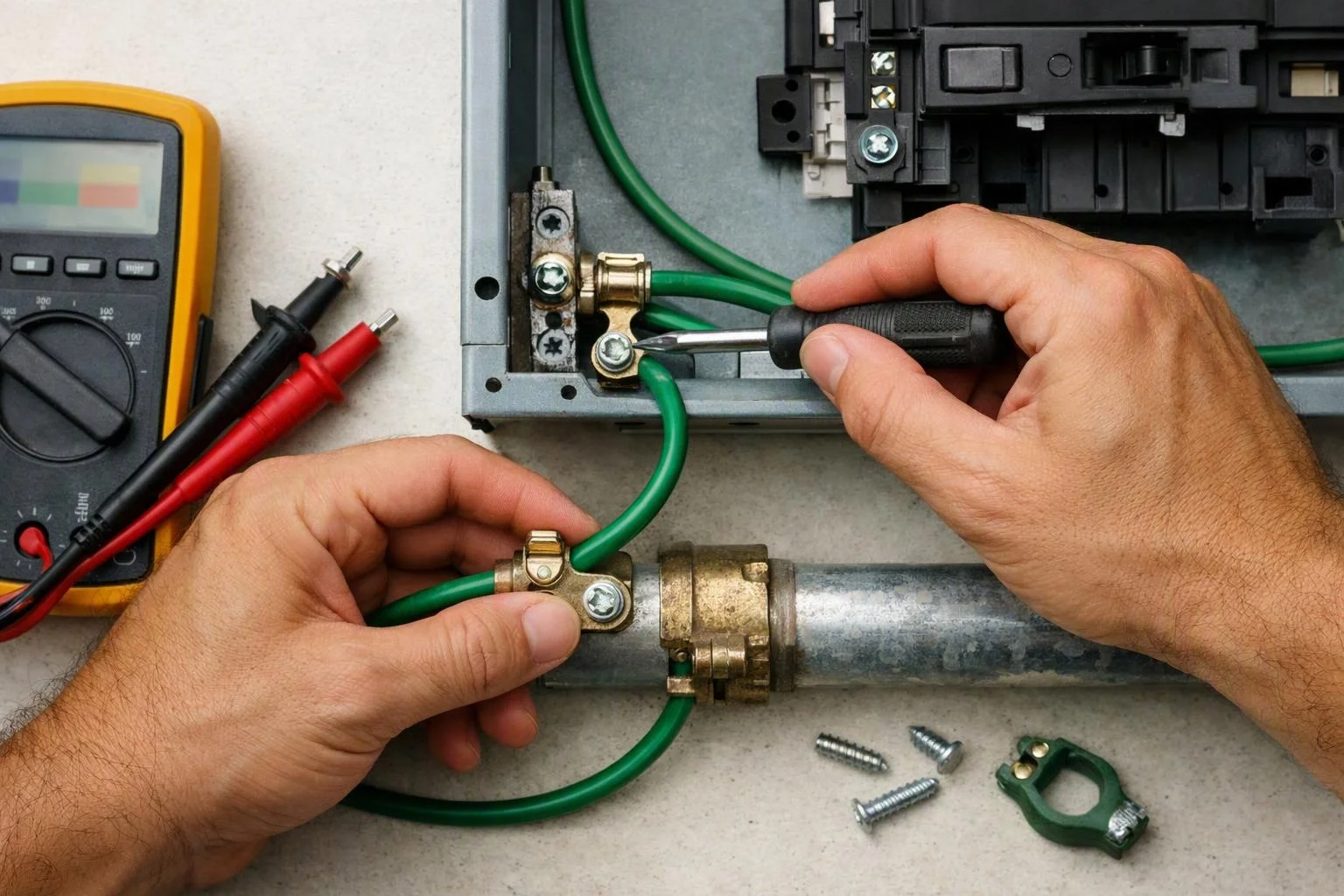 Hands install a green wire into an electrical panel beside a multimeter and loose screws on a workbench