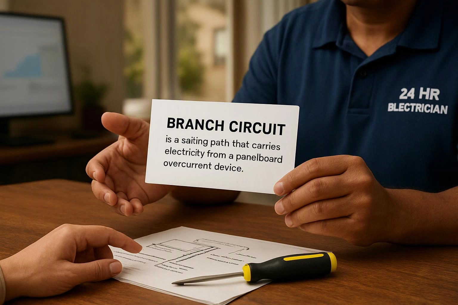A person in a blue polo holds a card about a branch circuit over a desk with a hand and screwdriver nearby