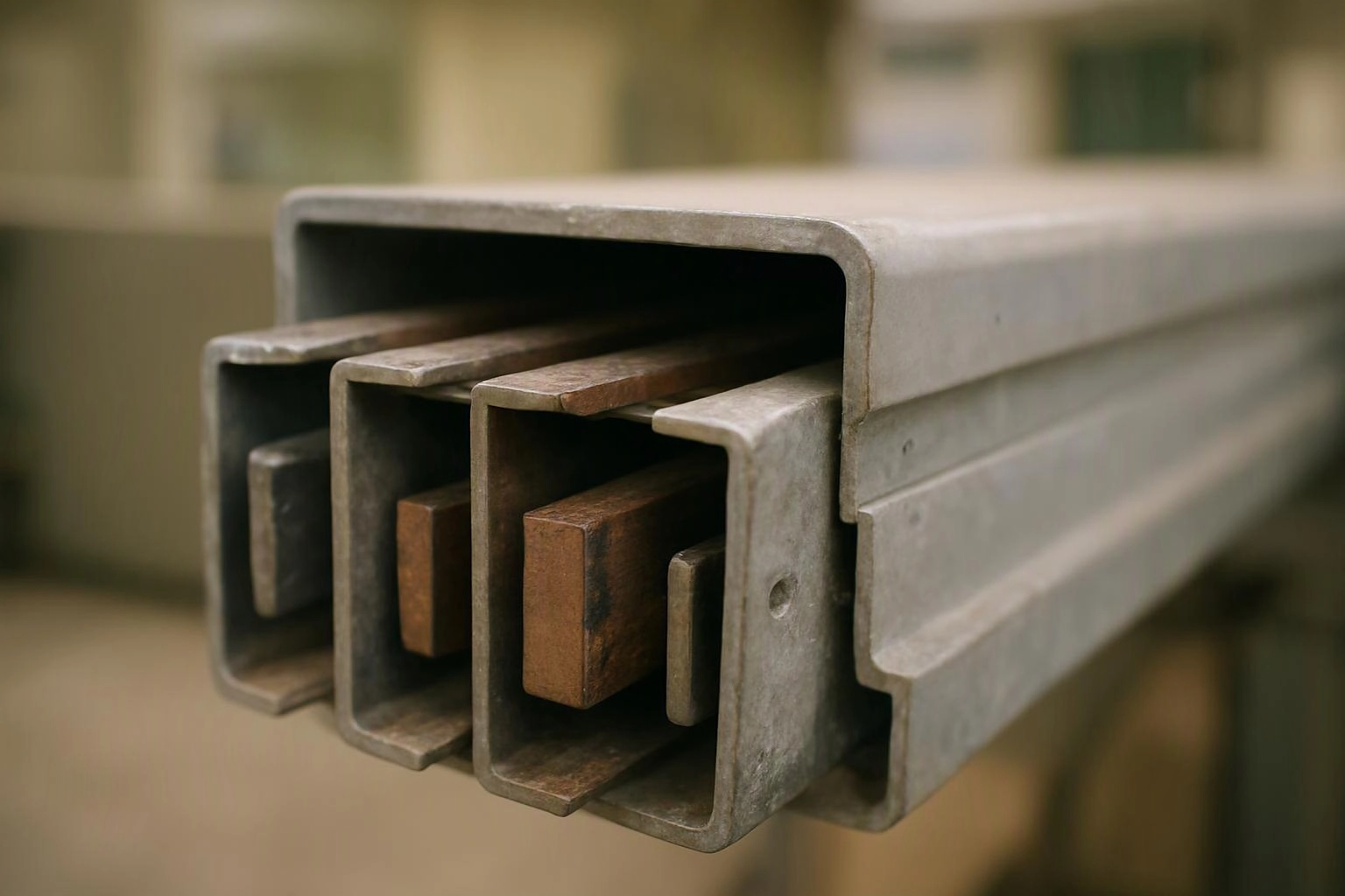 A close-up shows stacked metal beams with wooden spacers in a workshop setting