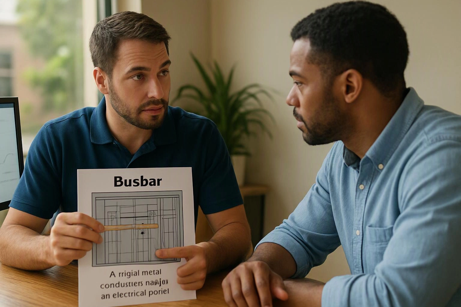 Two men talk at a table while one points to a paper labeled Busbar in an office setting