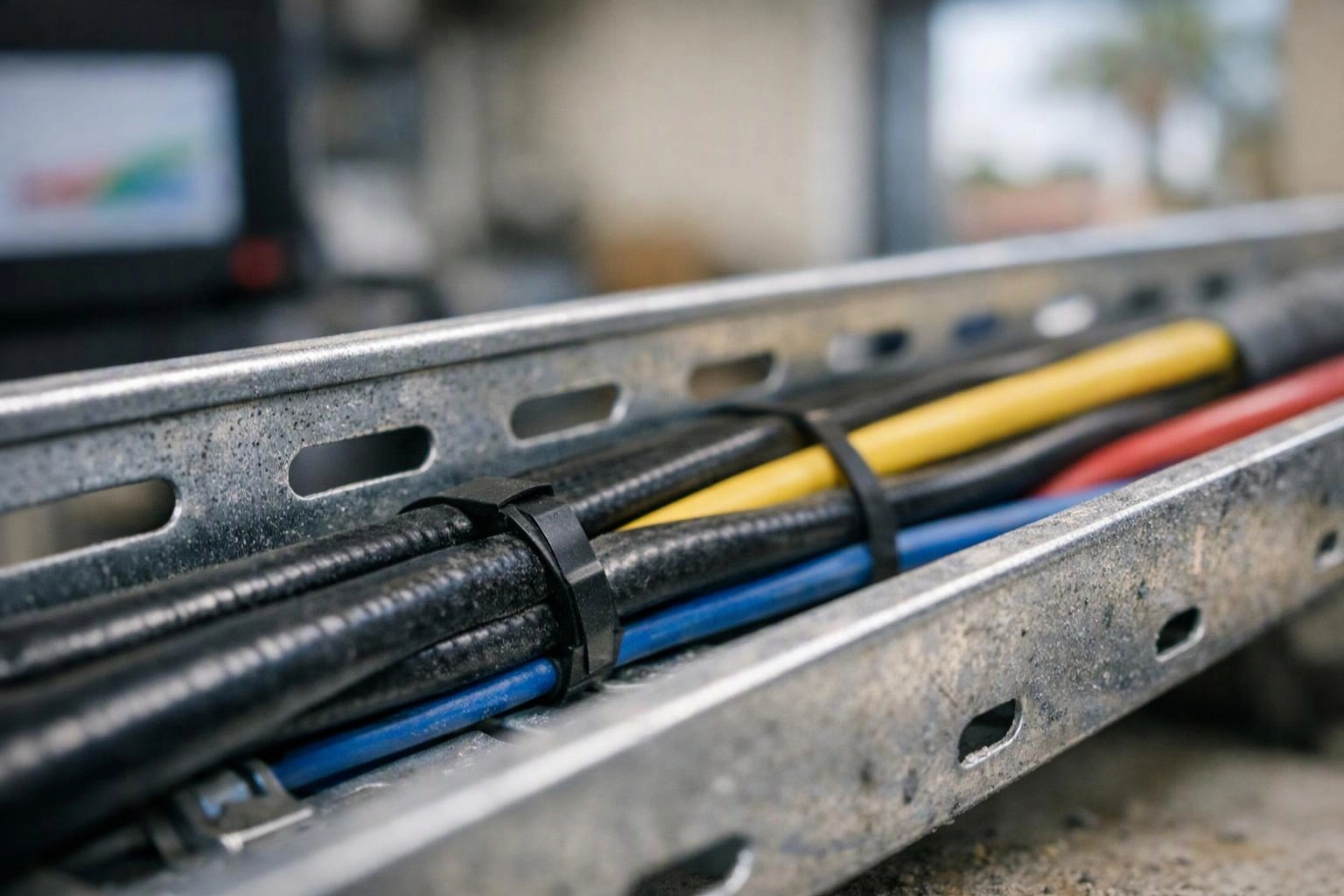 A metal cable tray holds bundled black, yellow, blue, and red cables in an indoor utility space