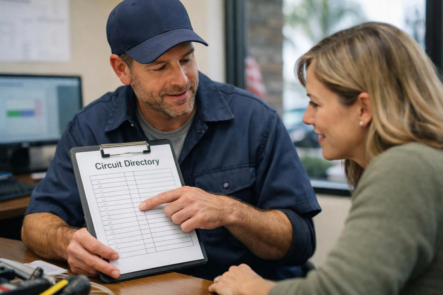 A man points to a clipboard labeled Circuit Directory while talking with a woman at a desk inside an office
