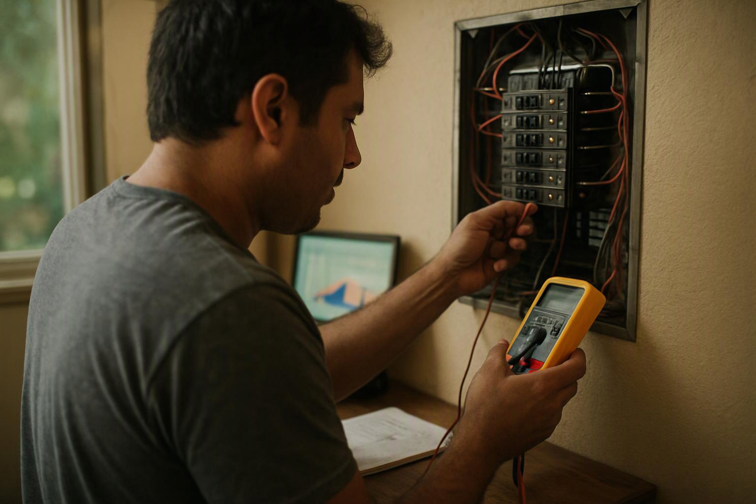 A man tests wires in an open breaker panel with a handheld meter inside a room