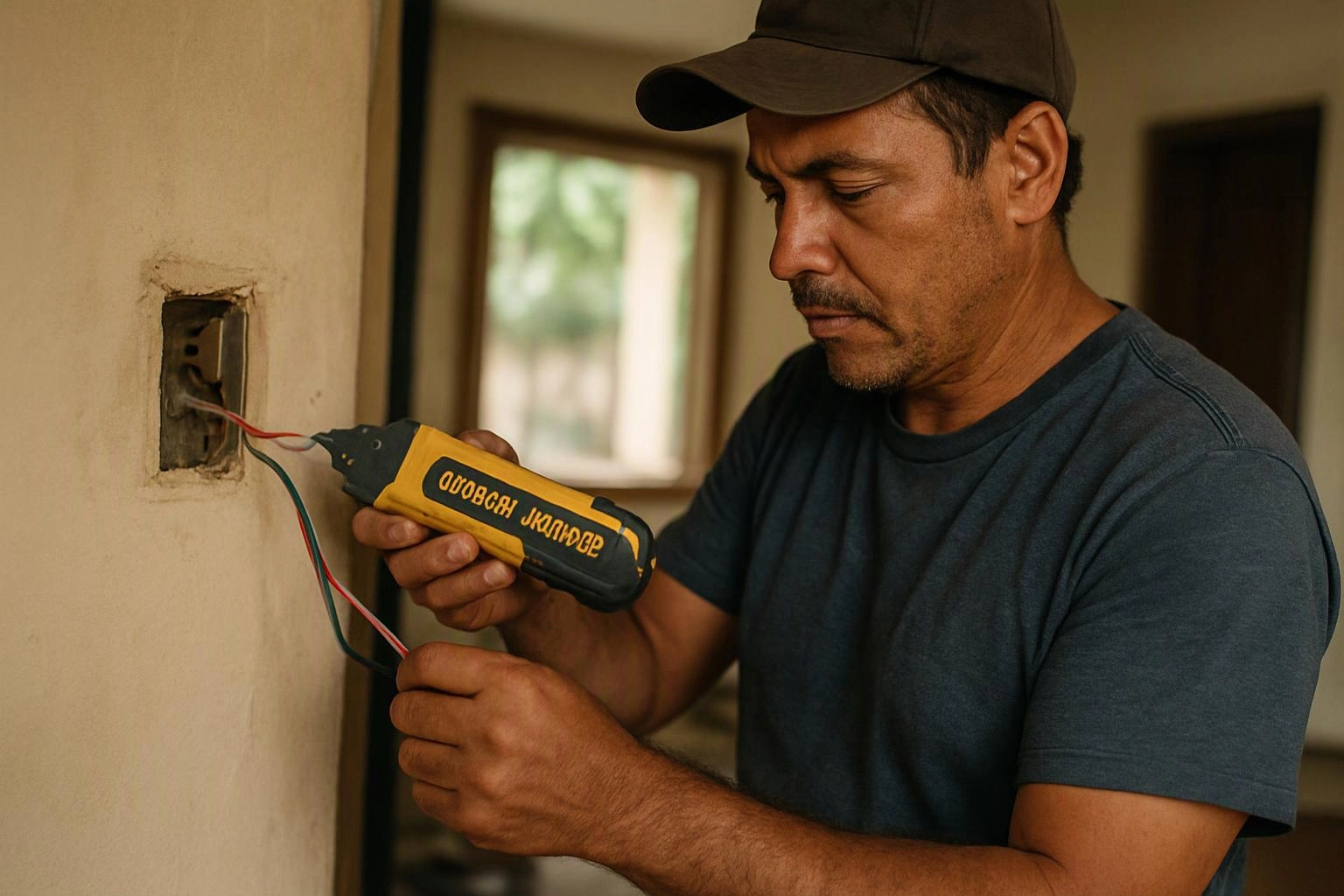 A man in a cap tests exposed wires in a wall outlet with a yellow tool inside a room