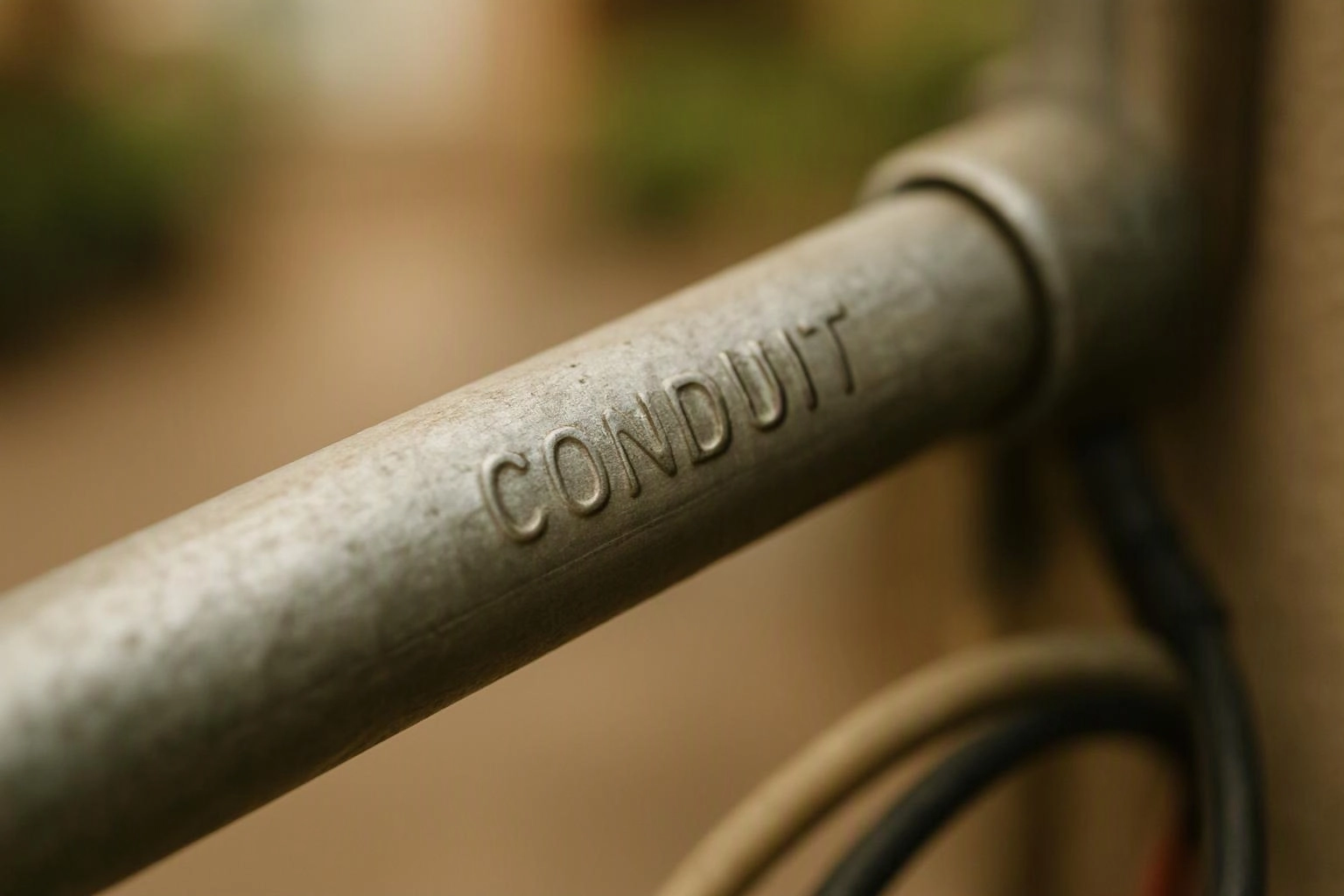 Close-up of a metal conduit pipe with embossed text, set against a blurred background