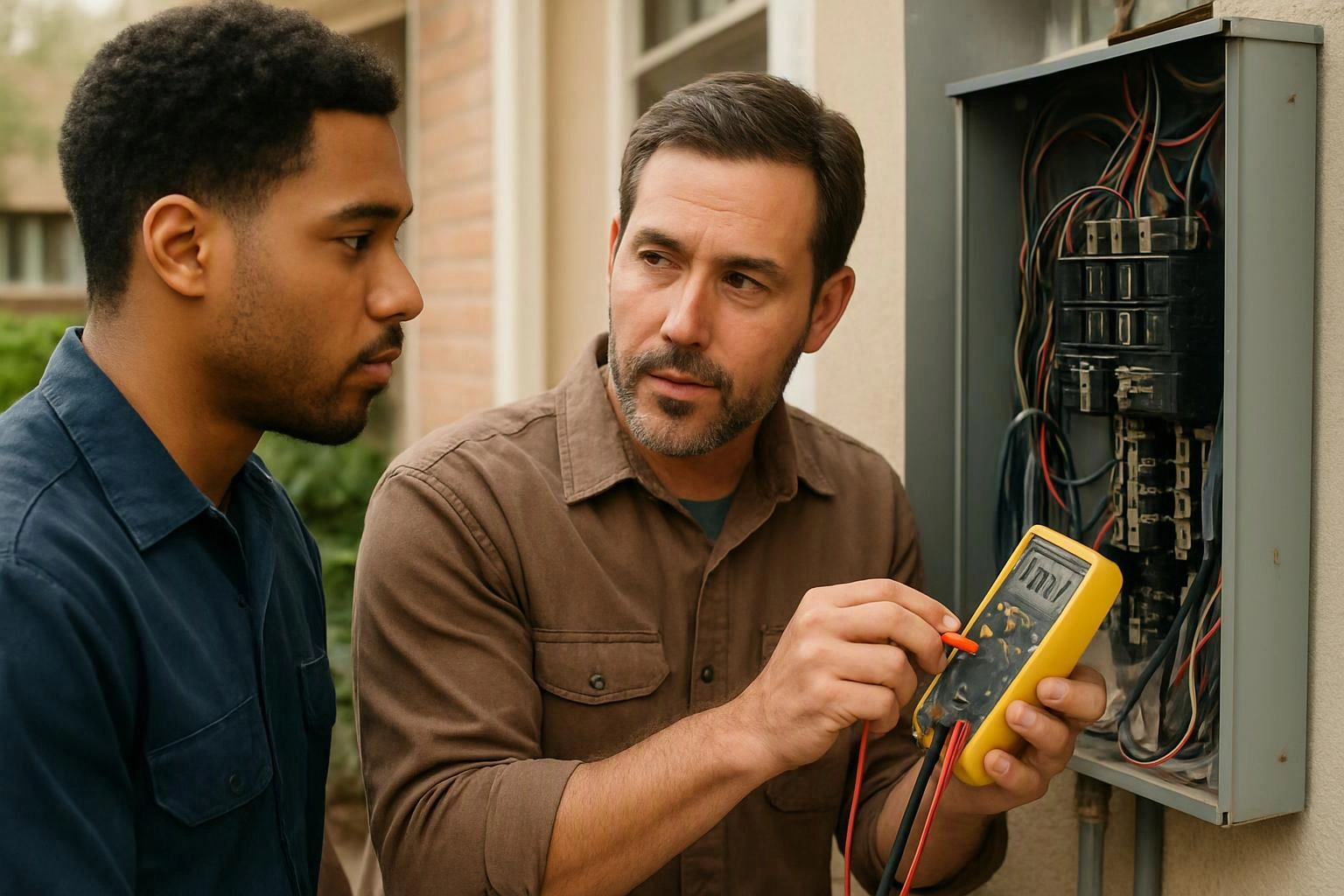 Two men inspect an open electrical panel outdoors, one holding a yellow multimeter and testing wires