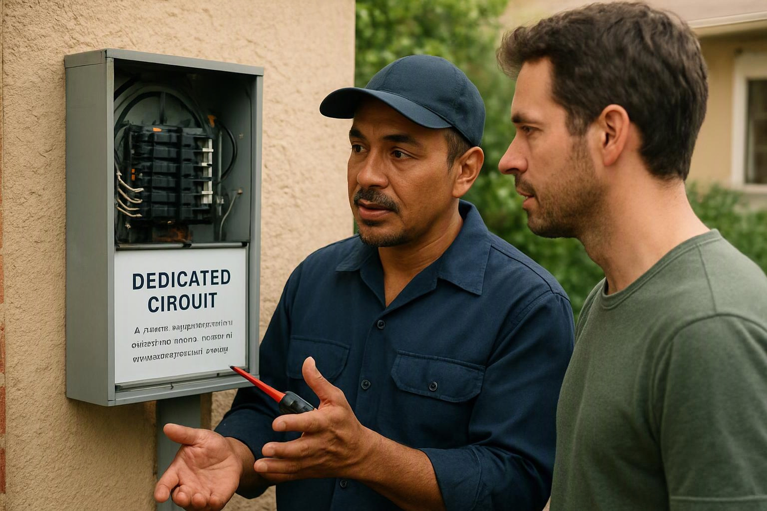 Two men inspect an open electrical panel on a house wall, while one points with a tool and explains inside wiring