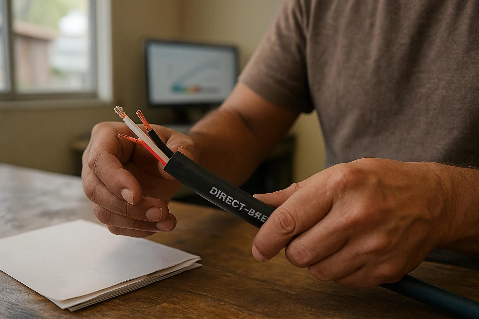 A person holds a cut black cable with exposed red, white, and black wires over a wooden table